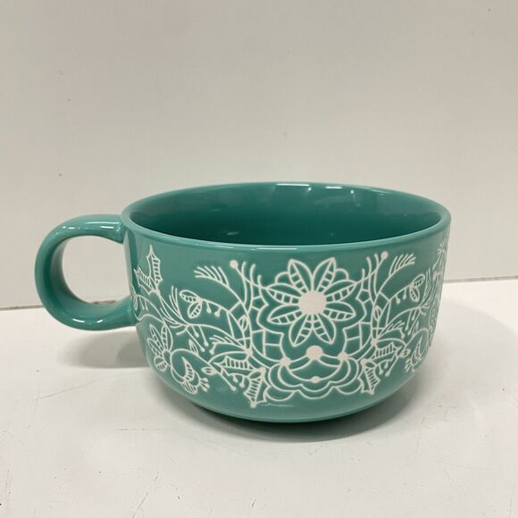 Starbucks 2022 Woodland Etched Ceramic Coffee Soup Mug Ice Cream 16oz Teal - Picture 3 of 4